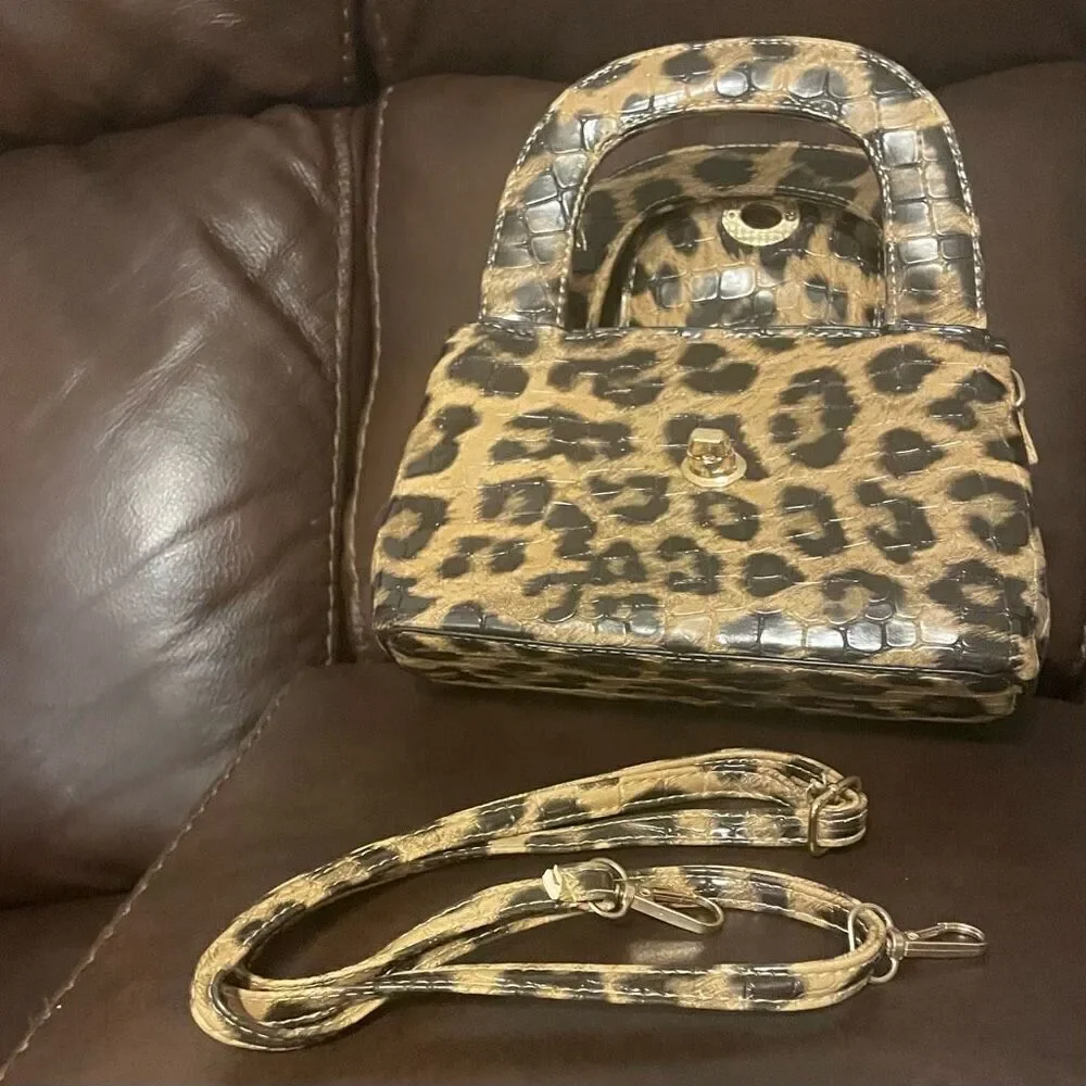 Leopard Mini Satchel Bag with Lock Closure and 41” Crossbody Strap NWOT